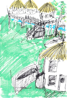 Artists impression of sustainable homes in a fantastic garden an artists sketch, an impression of sustainable homes in a fantastic garden